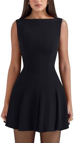 YMDUCH Women's Summer Sleeveless Boat Neck A-line Flared Hem Club Party Mini Dress S