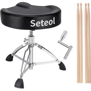 Heavy Duty Drum Throne 330 lbs, Saddle Drum Stool Height Adjustable, Ergonomic Thick Padded Drum Seat with 2 Pairs 5A Drumsticks & Drum Key for Adult Drummers