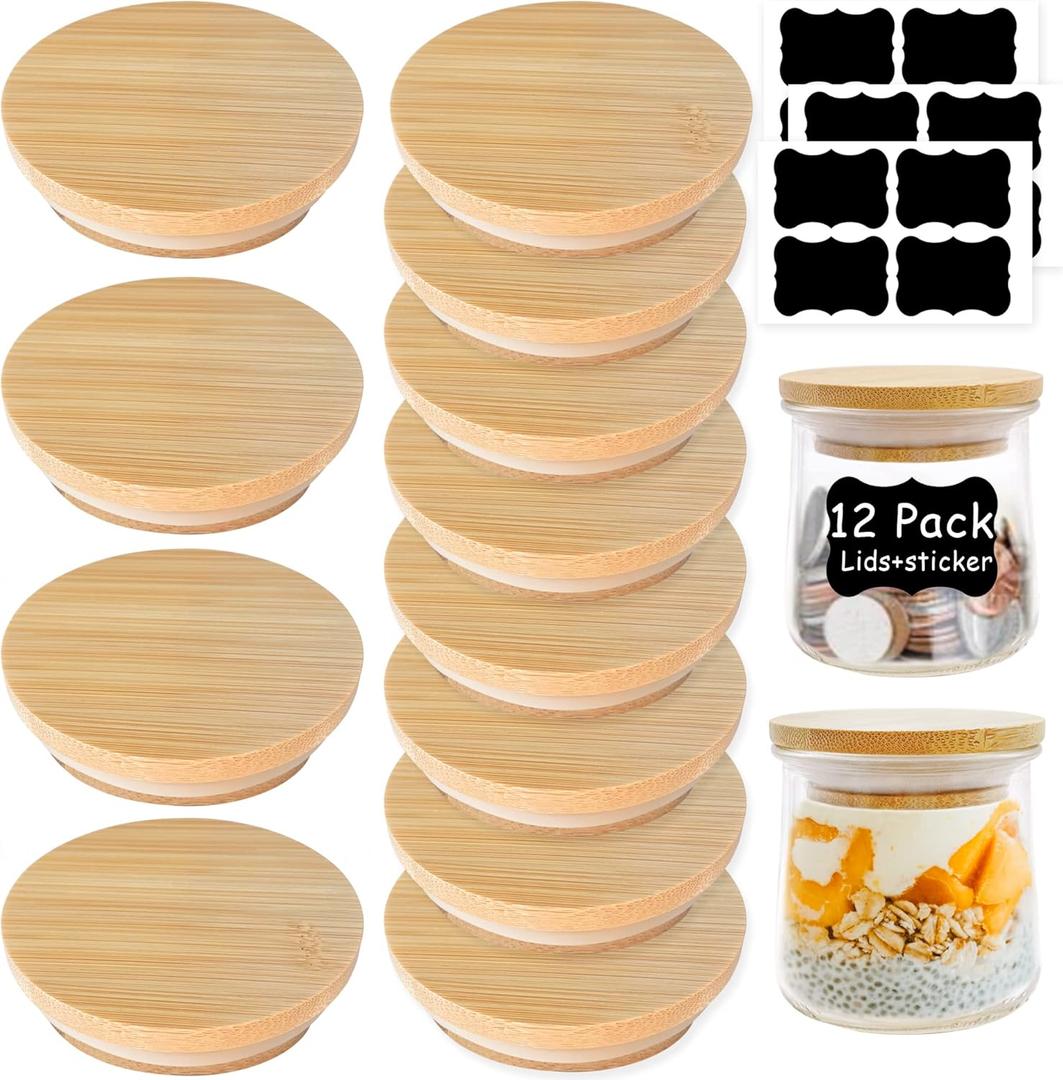 Oui Yogurt Jar Lids - 12 pack Oui Lids - Natural Bamboo Wood with Silicone Sealing Rings and Oui Yogurt Bottle Label,For 5 Oz Oui Yogurt Jars