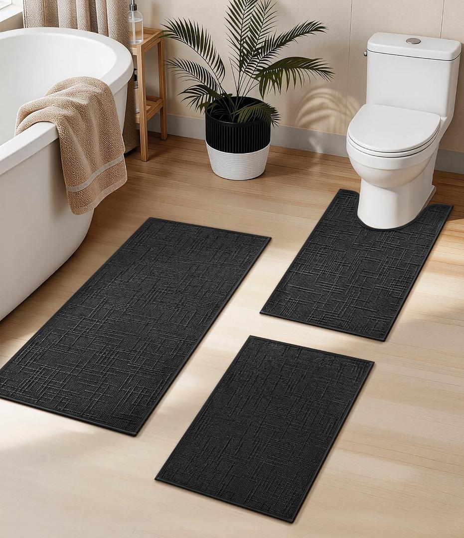 YIHOUSE Bathroom Rugs Sets 3 Piece Dark, Non Slip Bath Mats Sets of 3 Quick Dry, Absorbent Washable Thin Bathroom Rugs Fit Under Door for Elder, Sink, Laundry(16x24+16x24U+16x32in)
