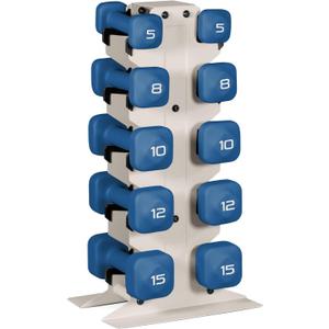Tone Fitness Neoprene Dumbbell Set with Storage Rack Non-Slip, Anti-Roll Hand Weights for Home Gym Workouts | Light Gray Rack, Blue, 100 lb Set