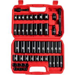 LLNDEI 3/8" Drive Impact Socket Set SAE and Metric (5/16"- 3/4", 8-22mm) 48pcs, CR-V Steel, 6 Point Sockets, Extension Bar (3-in, 6-in), 1/2"F to 3/8"M Reducer Universal Joint