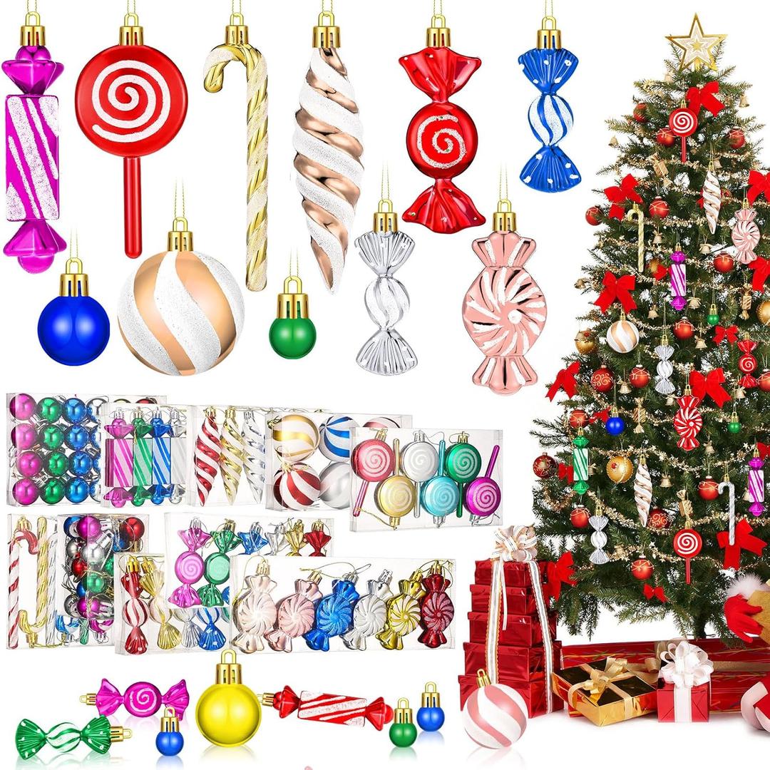 96 Pcs Christmas Tree Ornaments Candy Ball Ornaments Bulk Colorful and White Hanging Glitter Candy Cane Decorations Christmas Tree Peppermint Swirl Lollipop Decorations for Xmas Party Family Decor
