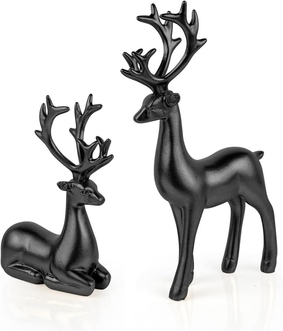 2 Pack Resin Christmas Reindeer Figurines Deer Statues Elk Sculpture Deer Ornaments for Living Figurine Statues TV Cabinet Home Office Cabinet Decoration (Black)