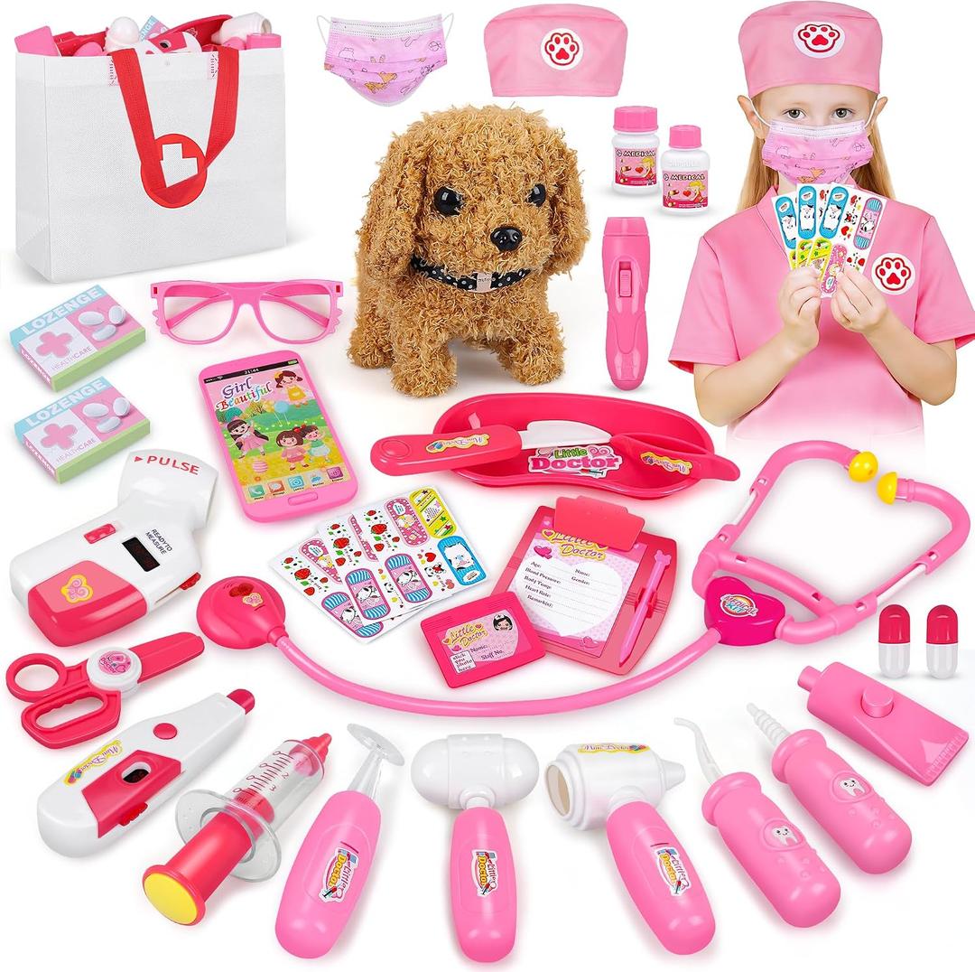 33Pcs Pet Doctor Kit for Toddlers - Dress Up Costume & Pretend Doctor Play Set with Dog Toy, Stethoscope, Pet Vet Roleplay Toys, Christmas Birthday Gifts for Ages 3 4 5 6 7 8 Year Old Boys Girls