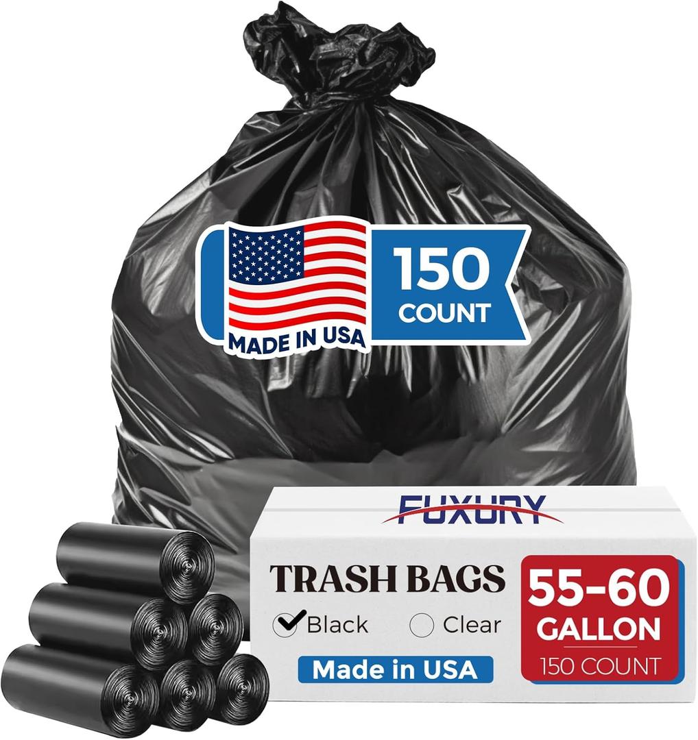 Fuxury 55-60 Gallon Trash Bags 150 Count Black Garbage Bags, 38x58" Extra Large Trash Can Liners, 0.7 Mil Plastic Bags for Serious Garbage Cleanup Home, Yard & Commercial Use, Made in USA
