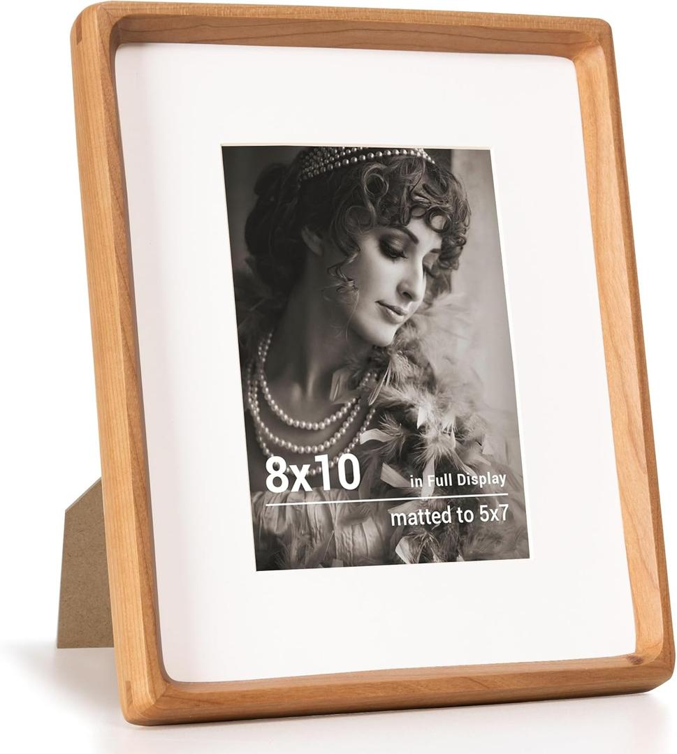 Fun Memories 8x10 Picture Frame, USA-Sourced Cherry Wood Photo Frames with HD Tempered Glass, Handcrafted Rounded Corner 8 x 10 Wooden Frames Matted to 5x7 Photos, 8x10 Frame, Tabletop or Wall Display