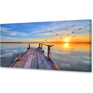 Baisuwallart S05975 Wall Art Decor Canvas Print Picture Sunset Flying Birds 1 Panel Sea Scenery Painting Sunset Glow Artwork for Kitchen Office Home Wall Decor Stretched and Framed Ready to Hang (58L" x 29W")