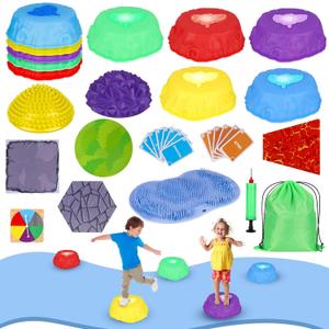 Stepping Stones for Kids, Light Up Toddler Stepping Stones with Non-Slip Stepping Blocks, Balance Pods, Flat Textured Mat, Obstacle Course Sensory Toys Indoor Outdoor Play for Kids Ages 3+
