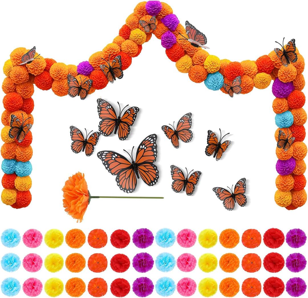 105 PCS Artificial Marigold Flowers with 12 Butterflies Decor, 3.5" Silk Dia de Los Muertos Faux Mums Bulk Mexican Flowers for Altars, Diwali, Halloween, DIY Fiesta, Cultural Celebrations (Multi Color)