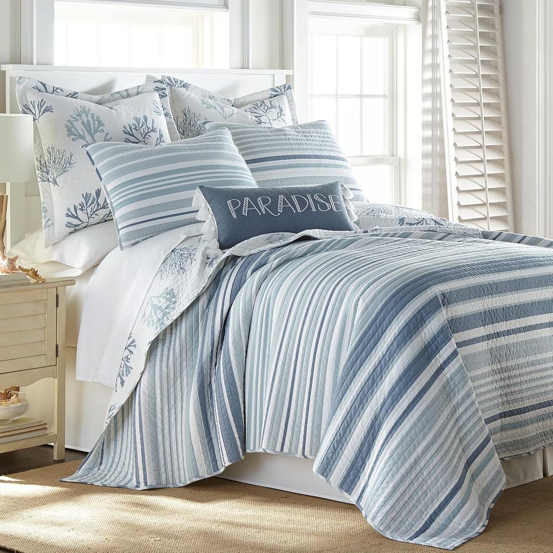 Levtex Home - Truro Quilt Set - King/Cal King Quilt + Two King Pillow Shams - Stripe in Shades of Blue - Quilt Size (106x92in.) and Pillow Sham Size (36x20in.) - Reversible - Cotton