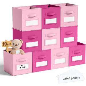 10 Pack Fabric Storage Cubes 11 Inch Collapsible Cube Bins with Label Window & Handle Foldable Organizers Baskets for Shelf Closet Nursery Kids Room Clothes Book Toy(Pink, Rose Red)