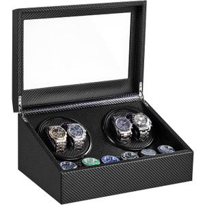 Watch Winder for Automatic Watches, Automatic Watch Winder | 4 Watch Winder with 6 Slots, Carbon Fiber Finish, Ultra-Quiet Japanese Motor, Adjustable Pillows, Present Box Packaging