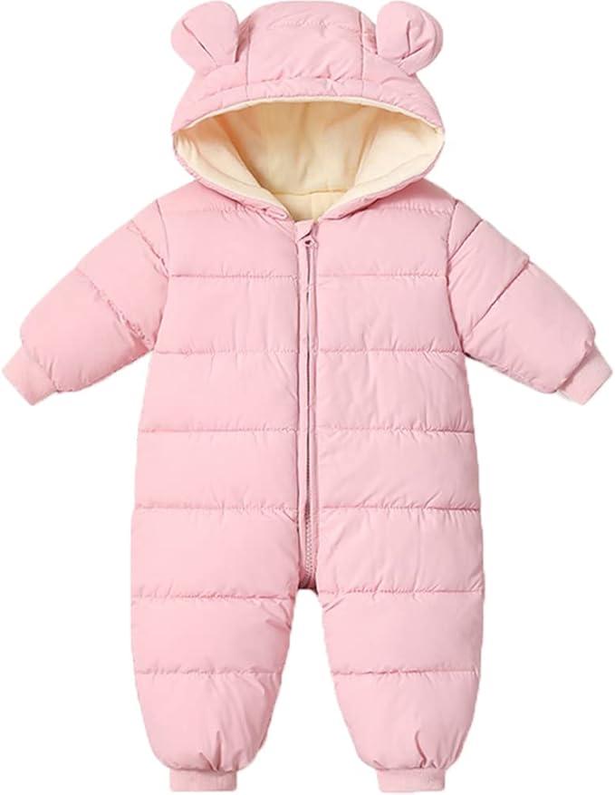 Infant Toddler Snowsuit Cute Baby Bear Suit Newborn Winter Coat Warm Hooded Jumpsuit for Boys Girls, 0-6 Months