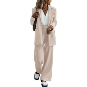 PRETTYGARDEN Women's Fall Two Piece Outfits Dressy Blazer Jacket and Wide Leg Pants Pockets Business Casual Office Suit Sets (Beige,Medium)