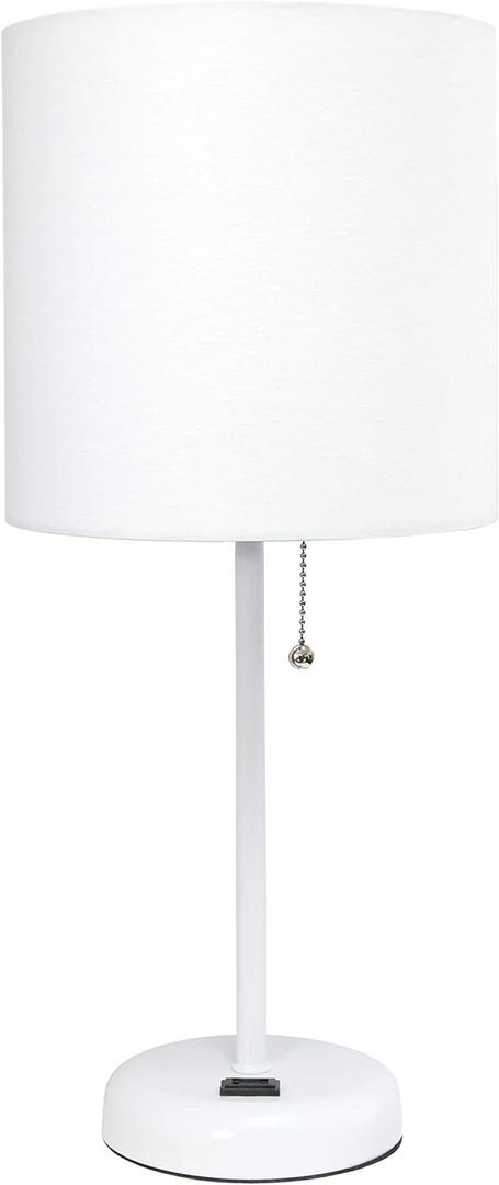 Simple Designs LT2024-WOW White Stick Table Desk Lamp with Charging Outlet and Drum Fabric Shade, White Shade (No Bulb)