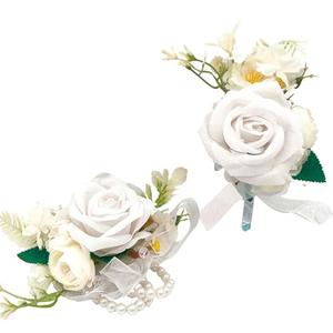 Syueblm Wrist Corsage and Boutonniere Set, Artificial Rose Corsage Wristlet and Boutonniere for Wedding Prom Party (White 1 Boutonniere&1 Wrist Corsage)