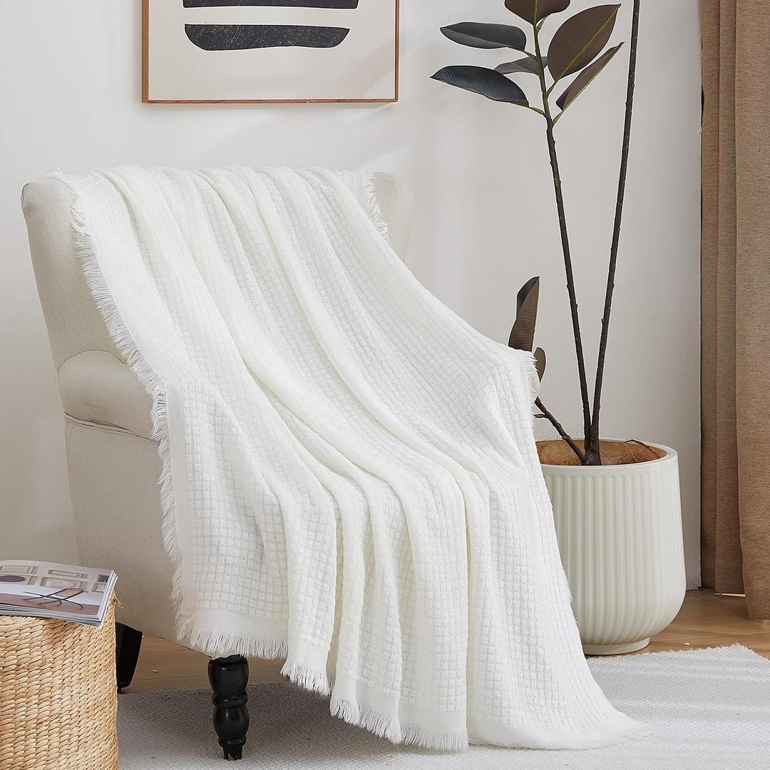 100% Acrylic Decorative Knitted Throw Blanket with Fringes for Bed, Couch, Chairs, Small, Lightweight, Soft, Cozy, Waffle Textured Blanket, Suitable for Spring, Summer, Ivory, 50"x60"
