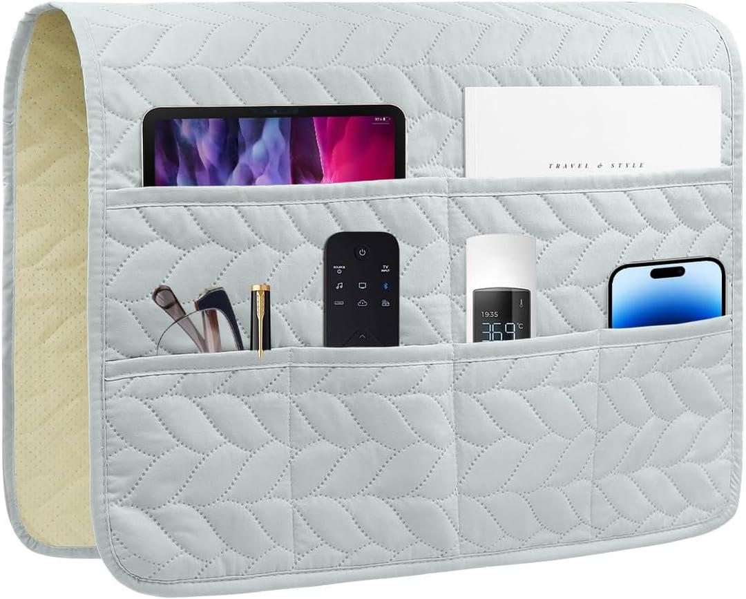 Sofa Armrest Organizer Armchair Caddy for Recliner, Remote Control Holder for Recliner, Non-Slip Armchair Caddy with 6 Pockets Storage for Magazine, Tablet, Phone, Light Grey