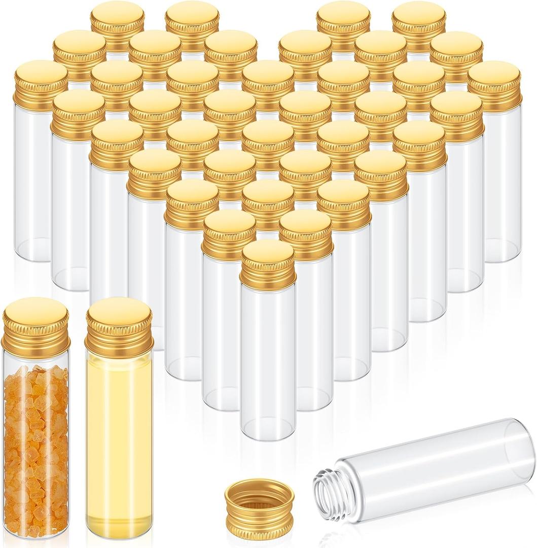 Didaey 100 Pcs Small Clear Vials Spice Mini Jars with Lids Mini Glass Bottles with Screw Aluminum Metal Caps Tiny Jars Sample Containers for Powder Cream Cosmetic Jewelry Wedding (20 ml,Gold Caps)