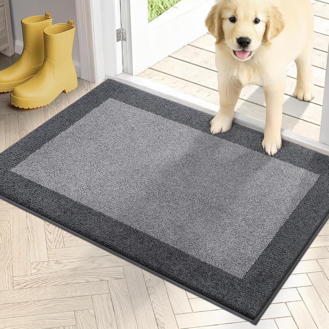 PURRUGS Dirt Trapping Door Mat 20" x 32", Non-Slip Washable Entry Mat, Dog Doormat, Front Door Mat, Super Absorbent Entrance Mat for Muddy Shoes & Paws, Light Grey & Grey
