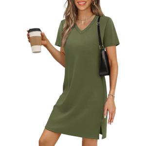 Summer Casual Dresses for Women 2025 Mini Vacation Dress V-Neck Short Sleeve Split Hem Beach Sundress (Medium, Armygreen)