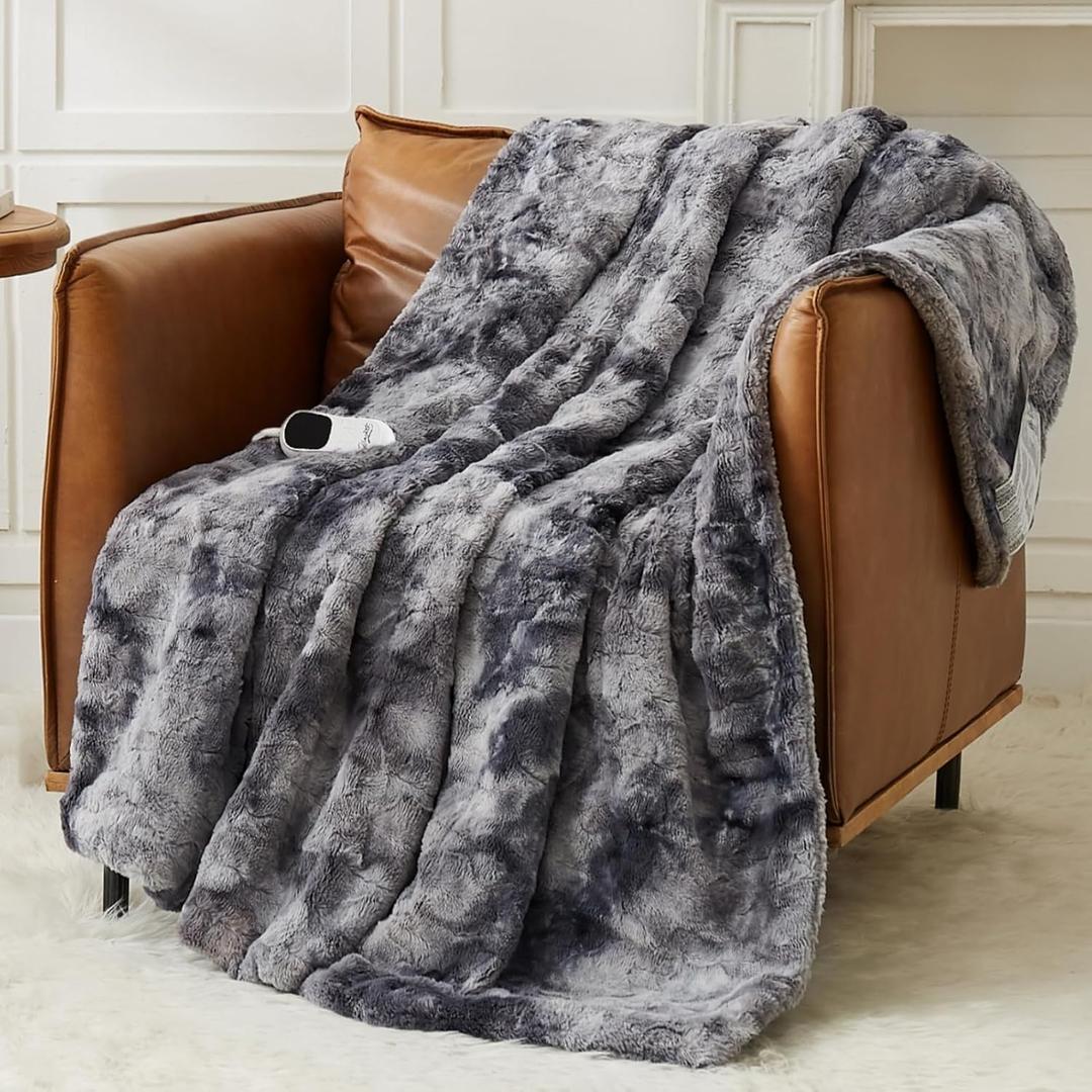 Homemate Heated Blanket Electric Throw - 50"x60" Heating Blanket Throw 1/2/4/6/8 Hours Auto-Off 10 Heat Levels Over-Heat Protection Luxury Faux Fur Sherpa ETL Certification
