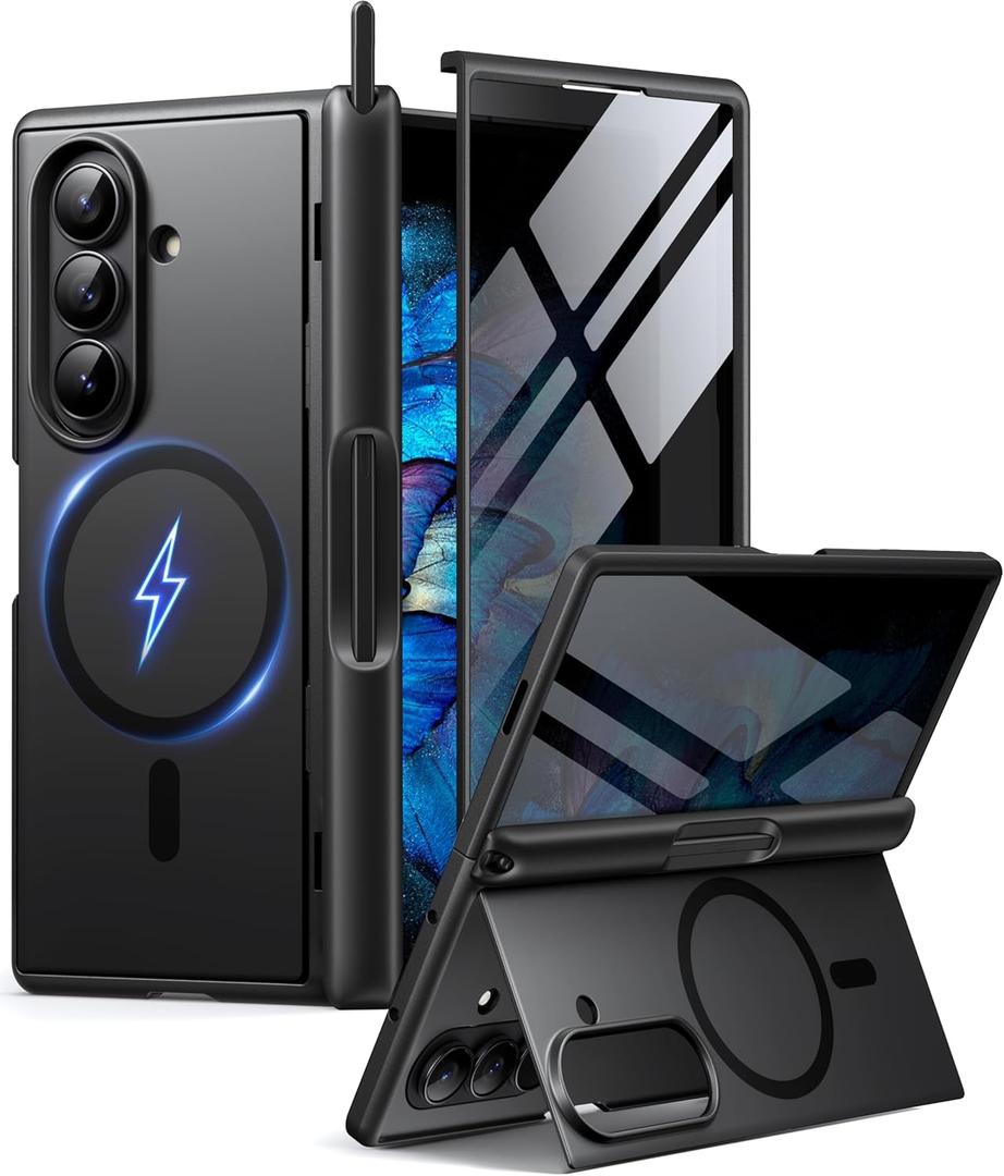 BERFY for Samsung Galaxy Z Fold 7 Case with Privacy Screen Protector, [Compatible with MagSafe][Anti Spy] Built-in Hidden Kickstand, Full-Body Shockproof Slim Phone Case for Z Fold 7, Black Stylus