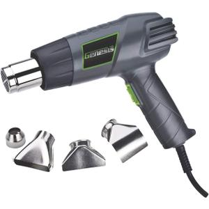 Genesis GHG1500A Dual Temperature Heat Gun Kit With Fast Heat High And Low Settings 572F/1000F, Air Reduction Nozzle, Reflector Nozzle, And Two Deflector Nozzles 