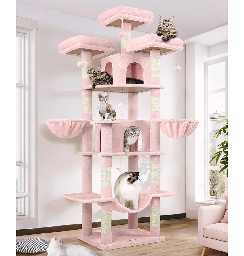 Globlazer Big Pink Cat Tower for Indoor Cats, 80inch Cat Tower for Multiple Adult Cats XXL Cat Tree with Scratching Post, Hammock, 3 Perches, 2 Condos, 2 Hanging Basket, F80, Pink