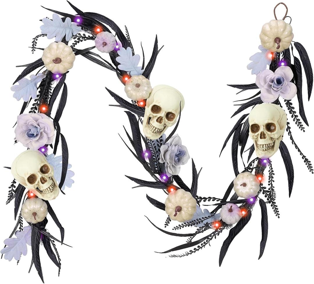 DecorbyHannah Gothic Christmas Decor with Lights, 6 ft Artificial Gothic Christmas Decorations with Skull Rose Pumpkin for Mantle Table Fireplace Backdrop Wall Outdoor Home Party Decor