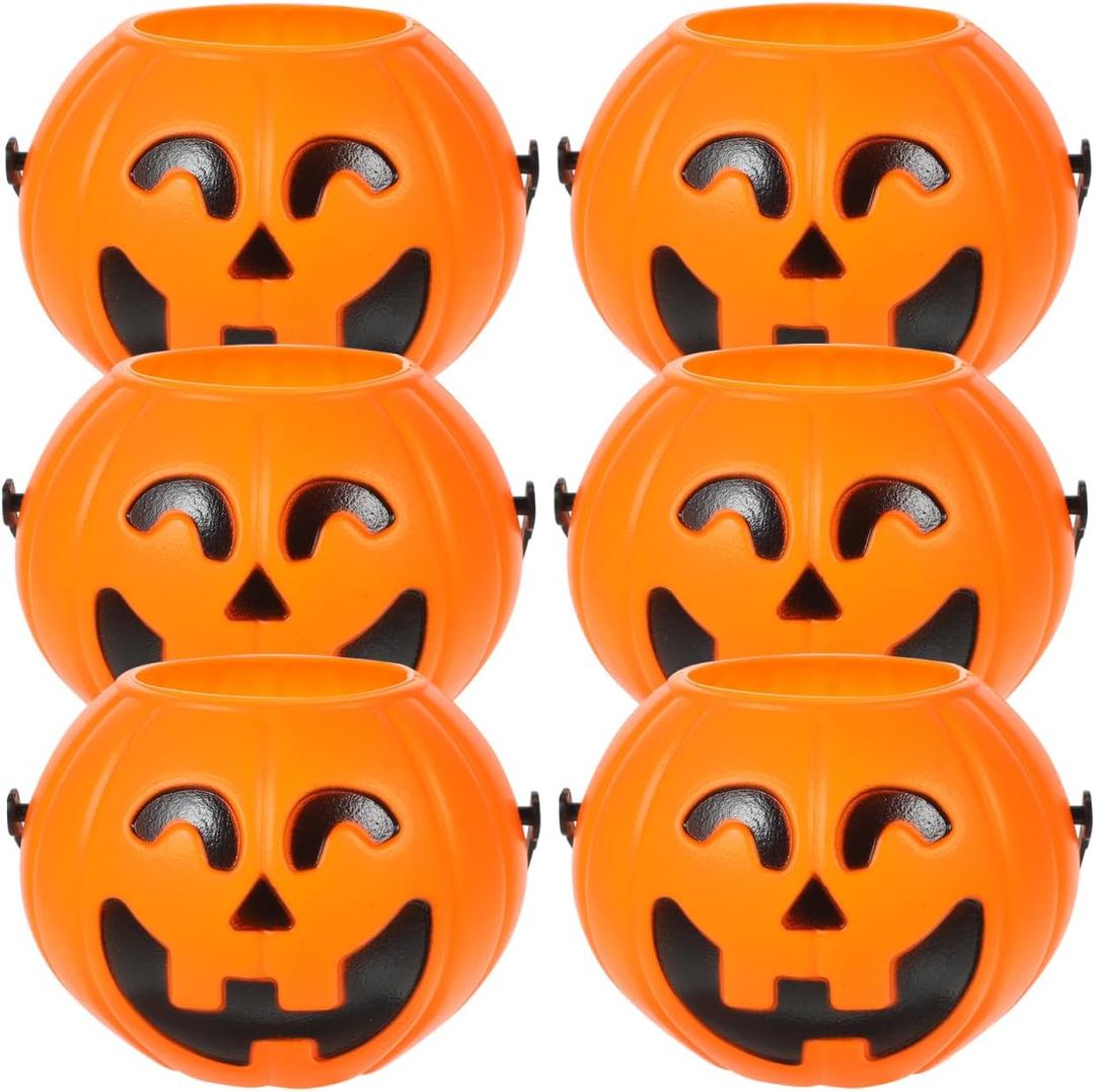 Ciieeo 6Pcs Halloween Pumpkin Candy Buckets Mini Plastic Orange Jack-O-Lantern Storage Containers for Party and Treats