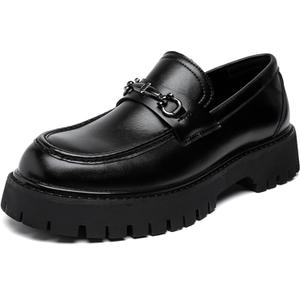 Mens Leather Platform Chunky Slip On Horsebit Loafers Classic Round Toe Non-Slip Lug Sole Business Casual Work Dress Shoes for Formal Party Wedding Office (Size 12, Black)