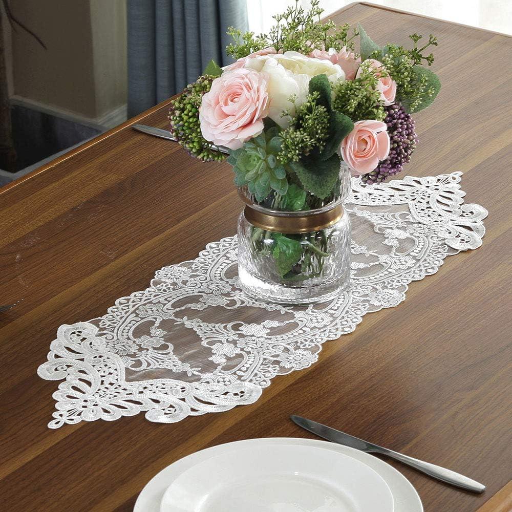 ARTABLE Lace Table Runner Dresser Scarf Macrame Embroidered Table Runners with Exquisite Flower Vintage Shabby Chic for Wedding Holiday Dinning (White, 10 x 36 Inch)
