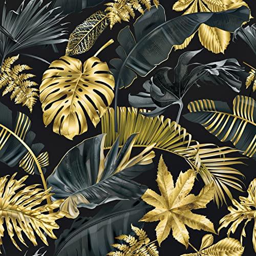 STICKEEP Dark Gold Floral Wallpaper Peel and Stick Vintage Botanical Peel and Stick Wallpaper Floral Contact Paper Removable Jungle Palm Leaf Wallpaper for Bedroom Bathroom Walls Cabinets 24" x 118"