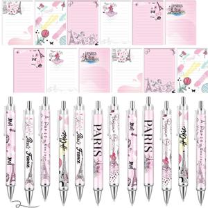 Gilprop 24 Pcs Paris Gifts Set Paris Notepads with Pens Cute Self Stick Notes Pens for Lover Sticky Notes Ballpoint Bulk for Traveler Birthday Party Gifts(Pink)
