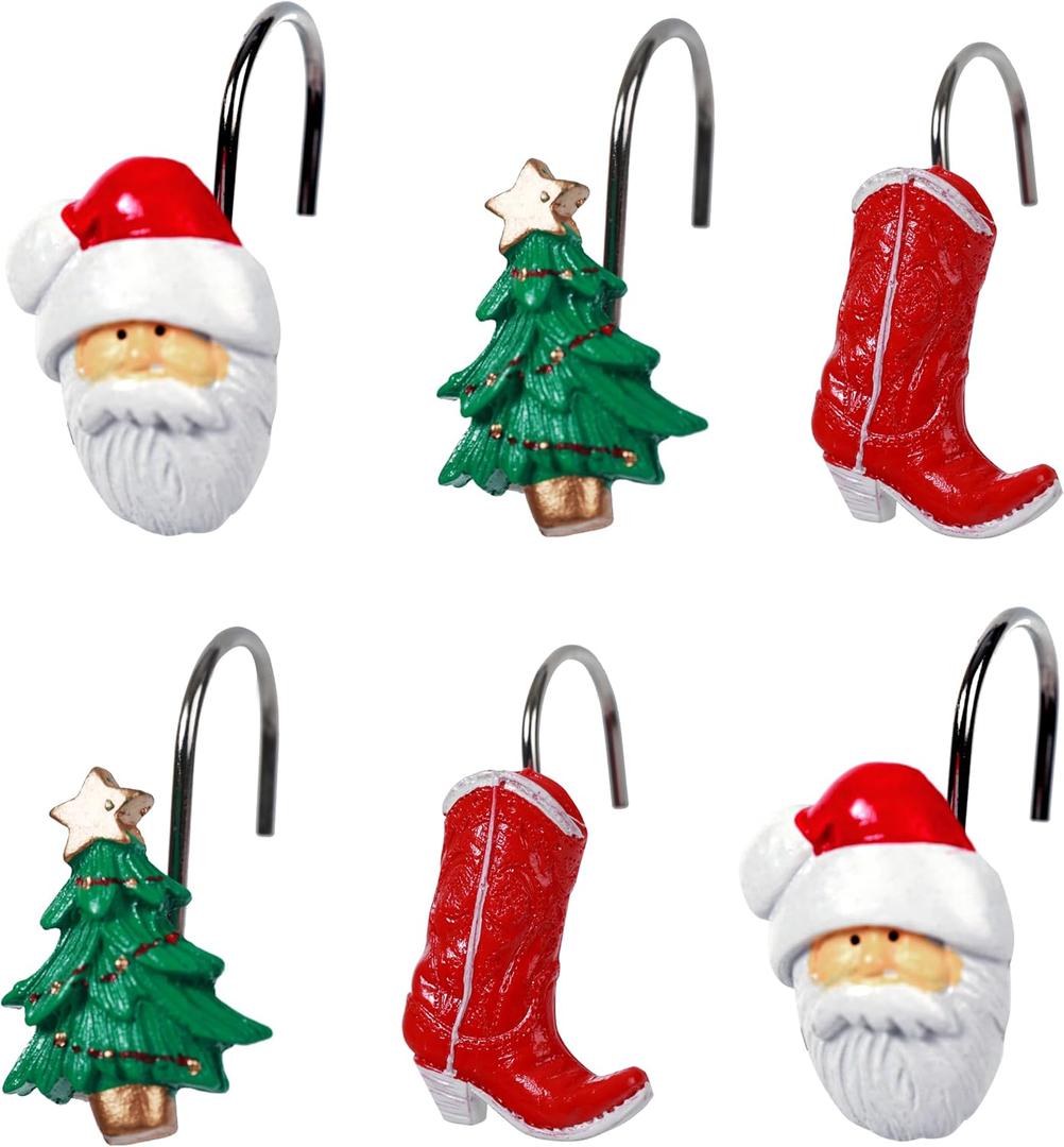 Two Fish Home Fashions Set of 12 Decorative Christmas Tree Resin Shower Curtain Hooks, Christmas Tree Resin Curtain Rings Pack of 12 (Xmas Tree)