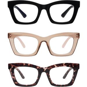 AMOMOMA 3 Pack Trendy Oversized Blue Light Stylish Readers for Women,Retro Square Cute Sturdy Computer Womens Reading Glasses AM6042 Black+Brown+Purple Tortoise 1.5