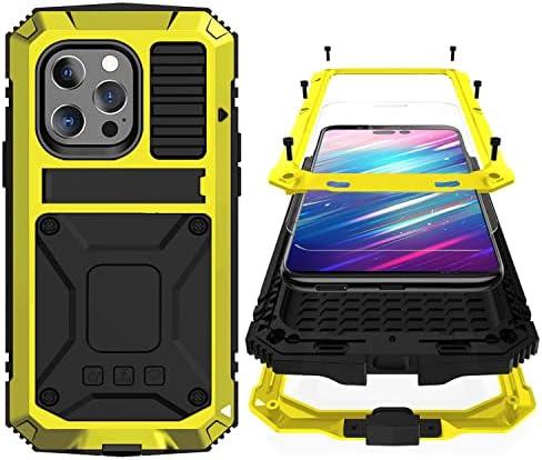 Simicoo Compatible with iPhone 14 Pro Max Metal Case with Screen Protector Camera Protector Metal Kickstand Military Rugged Heavy Duty Shockproof Case Full Body Tough Dustproof Case (Yellow)