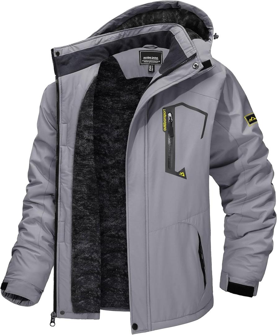 TACVASEN Men's Winter Skiing Jackets Water Resistant Fleece Coats Insulated Thermal Snowboard Jacket Parka Raincoat with Hood (Medium, #215 Light Gray)