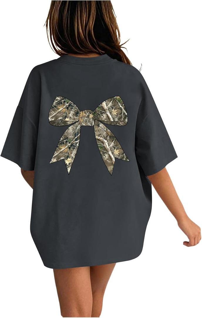 RoseSeek Girl's Bow Leopard Graphic Tees Short Sleeve Preppy Summer T Shirt Aesthetic Baggy Tops,10Y