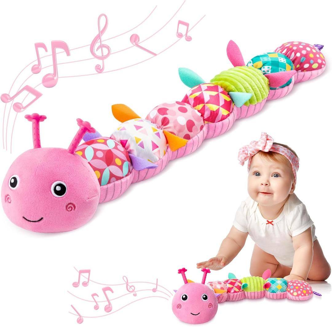 AWOTOY Baby Toys 0-6-12 Months,Infant Musical Stuffed Animals Activity Toys with Muti-Sensory Crinkle,Rattles,Baby Girl Toys Gifts for Newborn Tummy Time,Caterpillar,Pink