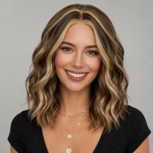 Eawwii Caramel Brown with Honey Blonde Highlights Short Wavy Wig for Women Lace Hairline Bob Style Synthetic Heat Resistant - Natural Appearance for Everyday Hairstyle 14 Inch