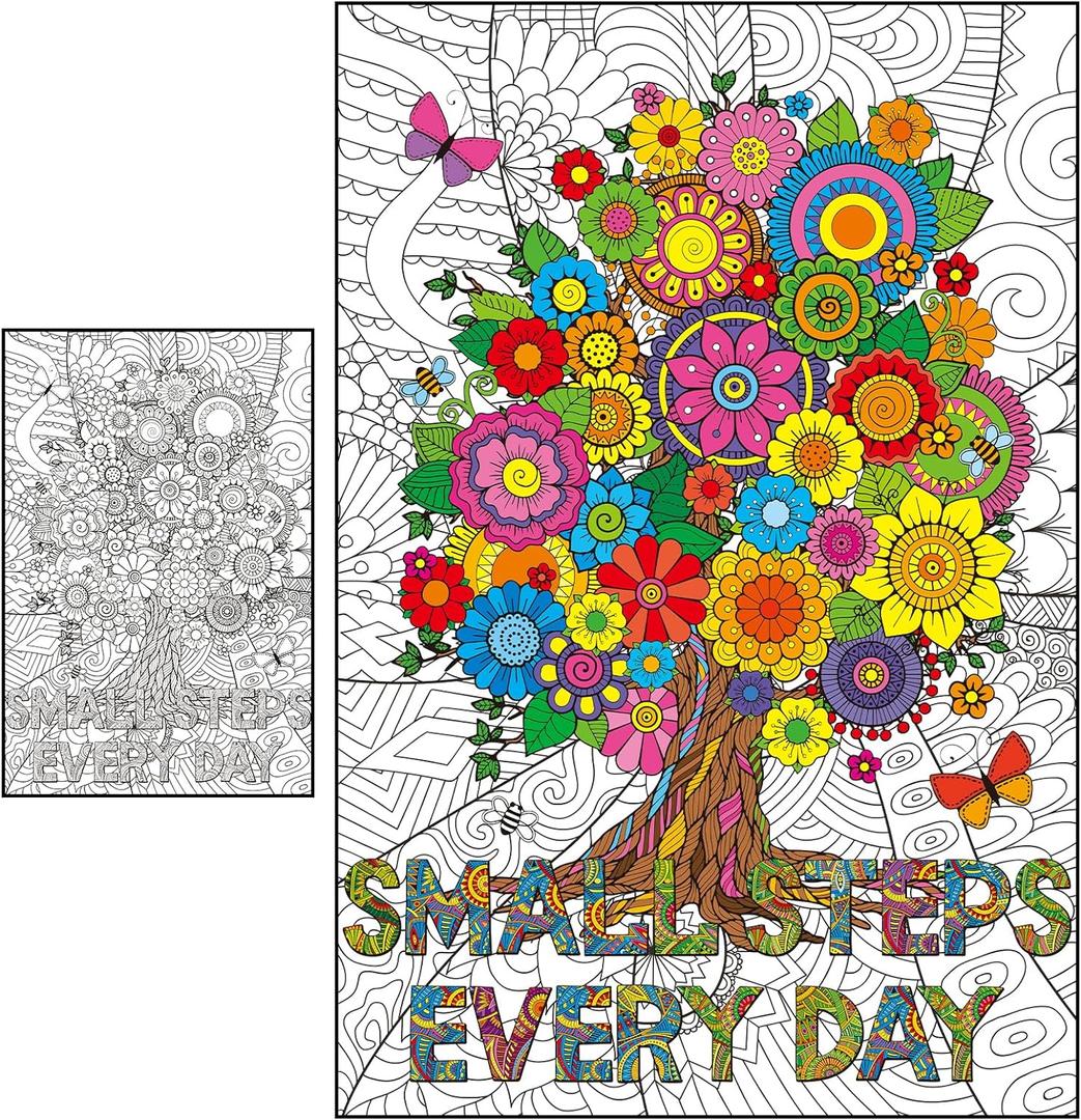 Giant Mandala Coloring Poster for Adults Large Coloring Poster Small Steps Every Day Big Jumbo Color Sheet Pages Books Tablecloth Art Craft DIY Activity for Kids Adults Party Game Supplies Decoration