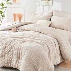 Beige Queen Comforter Set Seersucker 7 Pieces, All Season Luxury Bed in a Bag for Bedroom, Bedding Set with Comforters, Sheets, Pillowcases & Shams, 88''x88''