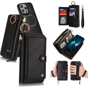 Compatible for iPhone 15 Phone Case Wallet for Women MenWristlets Zipper Leather Wallet Flip CaseRFID Blocking Card Holder,Detachable Magnetic Cover Case.Black