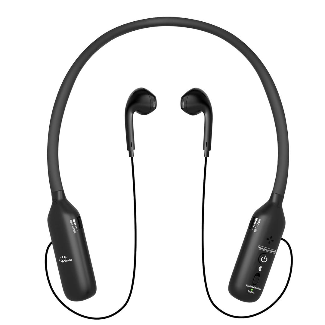 WallarGe Neckband Hearing Amplifier for Conversation or TV Watching, Bluetooth 5.3 with Microphone, 35 Hours of Listening Time, Digital Hearing Amplifier for Seniors Adults with Volume Control (Black01)