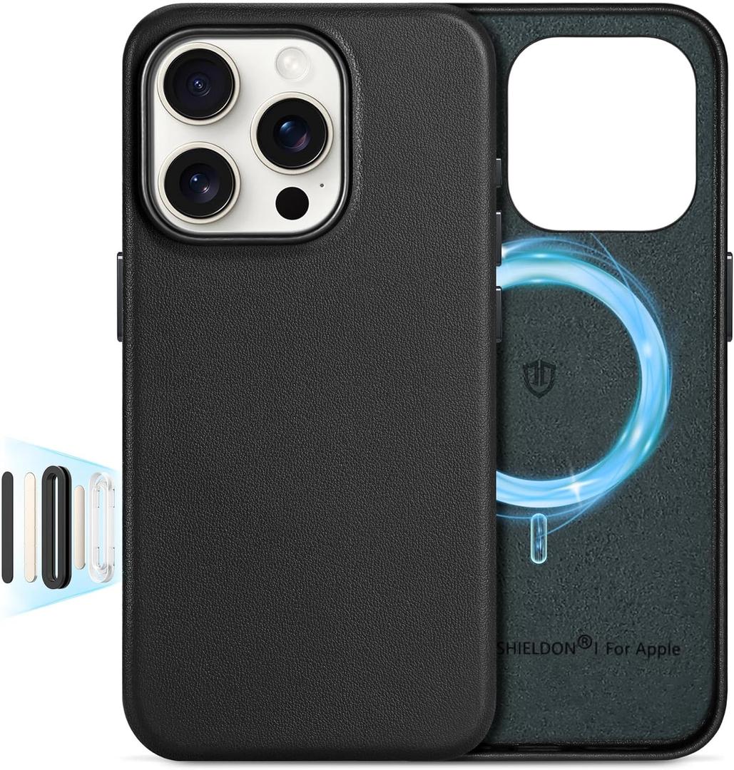 SHIELDON Case for iPhone 16 Pro 6.3", [Camera Button Updated], Compatible with MagSafe, Genuine Leather Magnetic Wireless Charging, Slim Fit, Metal Button, Shock-Absorbent Protective Case - Black