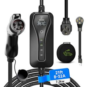 Level 2 EV Charger[32A 7.2kW 110V-240V], Portable EV Charger Level 2 with NEMA 14-50P&5-15 Adapter, 32A/16A/13A/10A/8A Adjustable & Delay Charge 1-15H Electric Vehicle Charging Stations