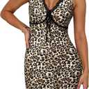 Womens Leopard Lace Trim Sexy Club Dress Bow Tie Front Sleeveless Cheetah Print V Neck Bodycon Night Out Y2K Mini Dress (L)
